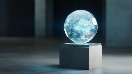 Futuristic translucent globe with glowing digital network floating above pedestal in minimalist dark environment