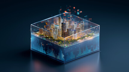 Glass cube displaying miniature illuminated cityscape with futuristic data overlays and glowing analytical visuals