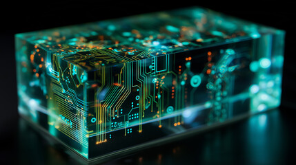 Transparent acrylic block with intricate glowing green and gold circuitry representing advanced digital technology