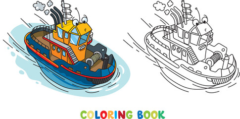 Funny tugboat with eyes. Boat or ship illustration