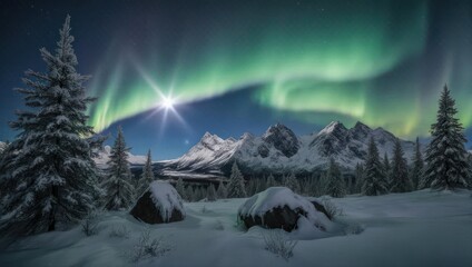 Emerald aurora borealis dances above snowy mountains and pine trees at night