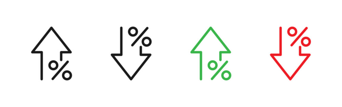 Percentage arrow icon. Finance rate vector showing increase and decrease trend sign. Useful market movement symbol for analytics dashboards, business reports, economic charts and statistic concept.