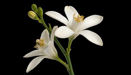 Close up of white flowers with yellow centers and green stems against a black background image