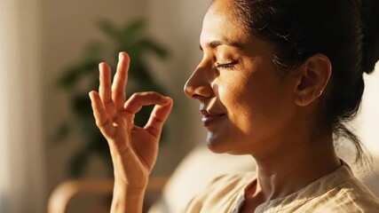 Indian woman meditating practicing chin mudra hand gesture in warm golden light close-up indoors tranquility focus