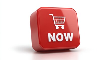 Glossy Red Buy Now Button With Shopping Cart Icon on Clean White Background Designed for Online Shopping Activities