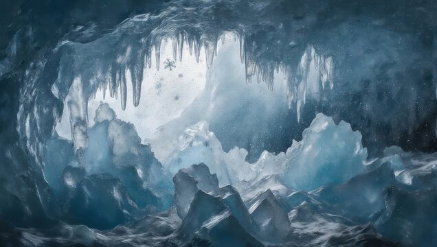 Interior shot of a vast ice cave, with jagged formations and light from outside