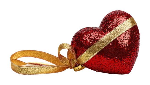 PNG Glittering heart with golden ribbon