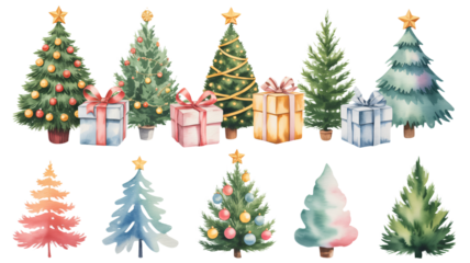 Festive watercolor Christmas trees and gifts for holiday cheer design