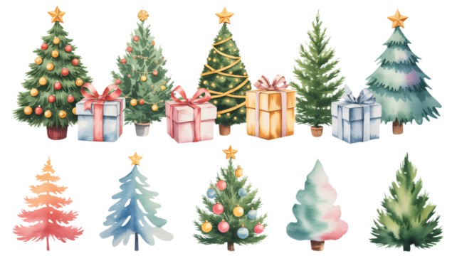 Festive watercolor Christmas trees and gifts for holiday cheer design - Powered by Adobe