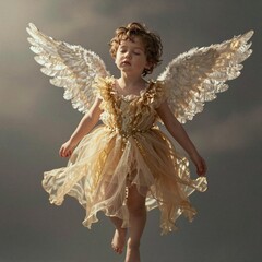 Beautiful angel with golden dress and white wings in divine light