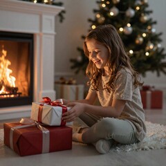 Young girl sitting by fireplace with gift and hot chocolate on Christmas Eve