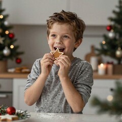 Young boy enjoying gingerbread cookie with Christmas decorations background