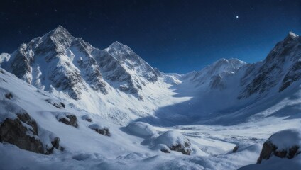 Fototapeta premium Snowy mountain range under a dark, starry sky with a bright, solitary star