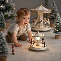 Curious toddler boy playing with miniature Christmas village decoration