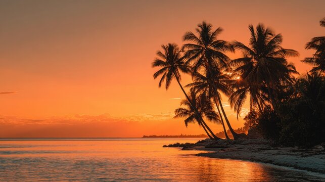 A beautiful sunset over the ocean with palm trees in the background. The sky is orange and the water is calm - Powered by Adobe
