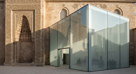 Modern glass structure contrasting with ancient islamic architecture and intricate stone carvings in sunlight