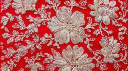 Obraz premium A red and white floral patterned fabric. The red background is a deep shade of red, while the white flowers are intricately embroidered. Scene is elegant and sophisticated