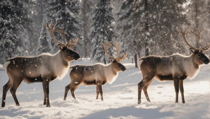 Obraz premium Three reindeer stand in a snowy forest during a snowfall, illuminated by sunlight