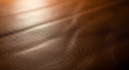 Close-up texture of rich brown leather with subtle light and shadow, showcasing its natural grain and luxurious feel