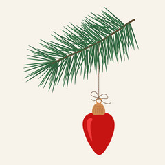 Christmas red ball hanging on a spruce branch. Vector holiday illustration in flat style.