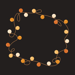 Elegant frame of garlands with festive yellow and white lights on black background in flat style.