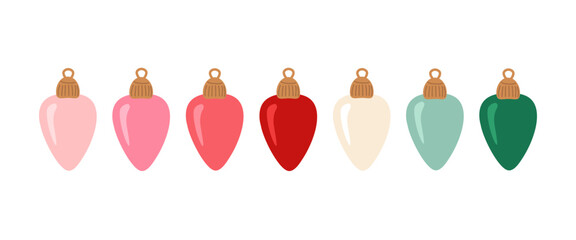 Set of Christmas hanging balls. New Year vector illustrations in pastel colors on white background in flat style.