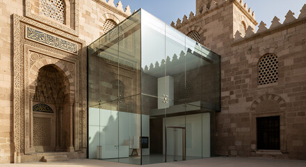 Modern glass addition seamlessly integrated with ancient stone architecture showcasing historical preservation and contemporary design contrast