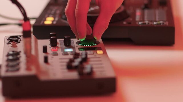 Closeup of tactile controls and vibrant patch cords in studio, Adjusting analog sequencing equipment with bright cables and warm ambient lighting in home studio