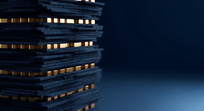Premium Stacked Dark Textured Boards with Interspersed Golden Bars, Visualizing Sophisticated Data Architecture and Secure Digital Infrastructure.