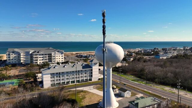 Cinematic Aerial Orbit on Water Tower and Communications Mast in Sandbridge, Virginia Beach