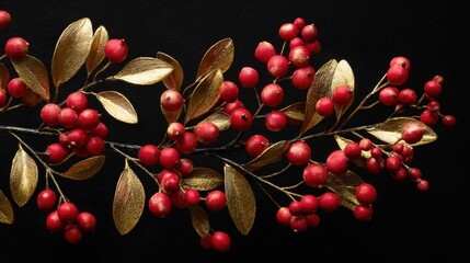 Fototapeta premium A gold leafy branch with red berries on it. The branch is on a black background
