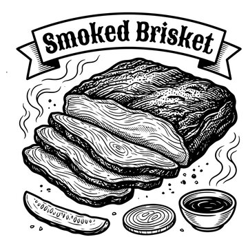 A vintage-style black and white illustration of a sliced smoked brisket with barbecue sauce, onion, and a pickle.