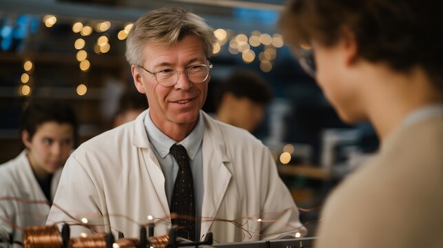 A physics professor demonstrating electromagnetic motor principles to students, copper coils and spinning rotors glowing under classroom LED lamps — STEM motor education, hands-on engineering