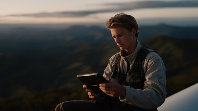 A wind turbine technician calibrating blade pitch sensors at the top of a turbine, horizon stretching endlessly as real-time rotation data streams to a rugged tablet — renewable energy maintenance,