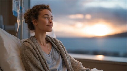 A patient sitting peacefully by a large hospital window, IV stand beside them, watching the sunrise as a symbol of new beginnings during long-term recovery — quiet resilience, healing atmosphere,