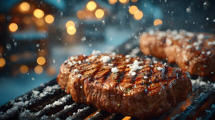 Grilled steaks on barbecue in winter garden with festive lights and snow-covered surroundings