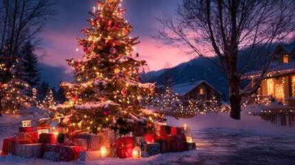 A Christmas tree with lights and ornaments is surrounded by a lot of presents. The scene is set in a snowy area with a house in the background. Scene is festive and joyful
