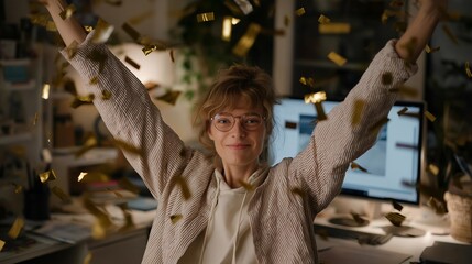 A content creator celebrating a subscriber milestone in a cozy home studio, confetti flying as subscriber notifications pop on the screen — online community growth, digital success moment, and