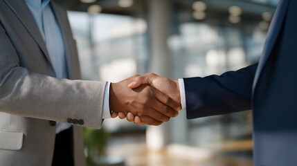 A crisp handshake between two professionals in a glass-walled office, sunlight highlighting the sharpness of suits and polished surfaces — business agreement, corporate clarity, and deal-making