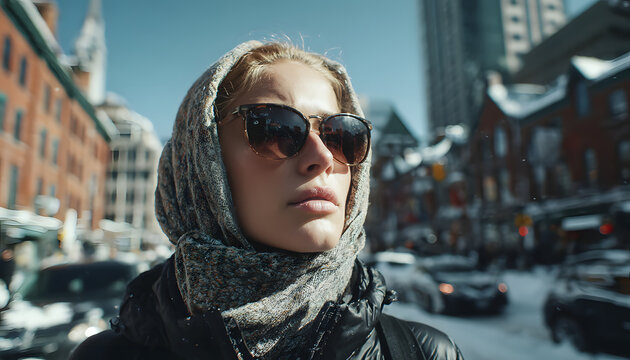 Woman wearing sunglasses and scarf walks down a snowy city street. She is dressed in winter fashion with a black jacket. Buildings and cars line the urban background. Bright sunny day.