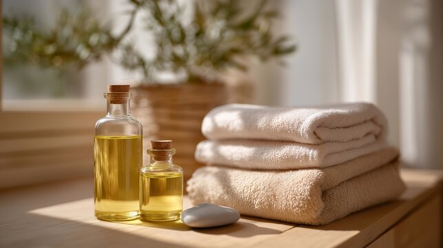 A luxury spa scene showing aromatherapy oils, cooling stones, and soft towels arranged for a professional lymphatic drainage session &mdash; spa atmosphere, relaxation environment, and premium beauty