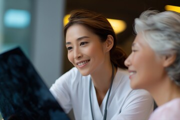 Asian female doctor consults elderly female patient with x-ray in hospital setting