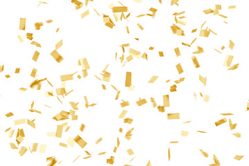 Falling gold confetti background. Realistic golden foil pieces with motion blur. Party decoration overlay, Transparent PNG