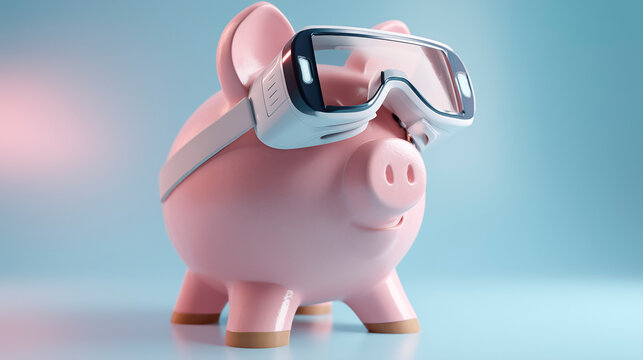 Piggy bank with virtual reality glasses, concept of saving for the future