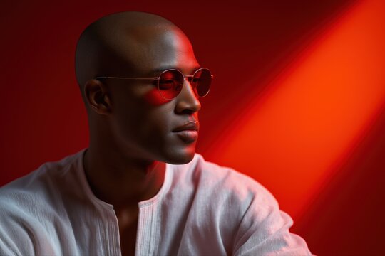 Stylish african male in sunglasses bathed in dramatic red light