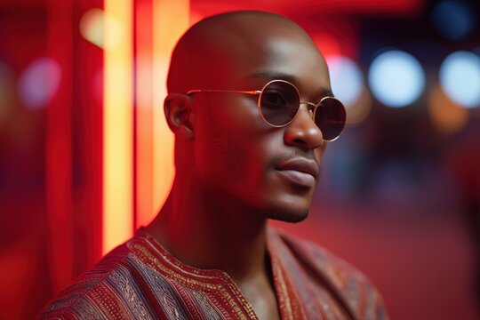 Young african male in stylish outfit and sunglasses against neon lights
