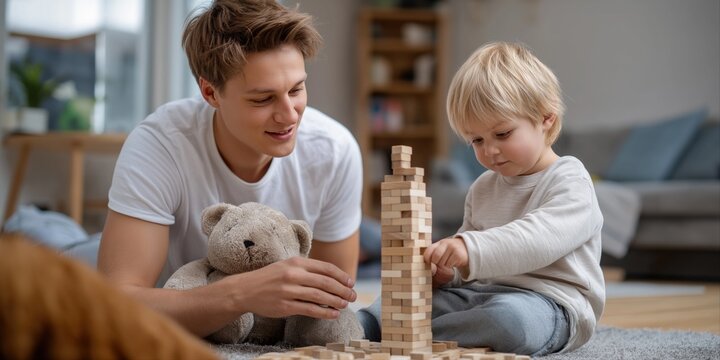 Caucasian young adult male and child building tower with wooden blocks in cozy living room - Powered by Adobe