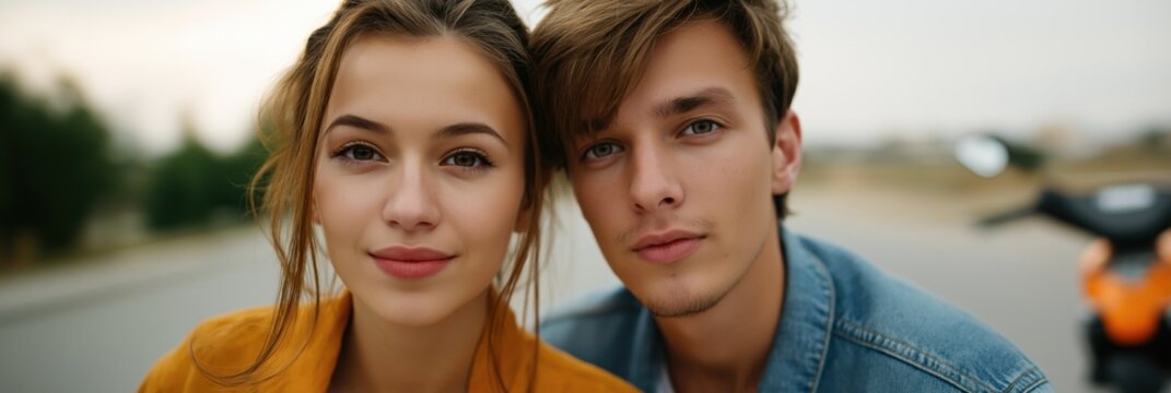 Young caucasian couple outdoors with motorbike on a sunny day