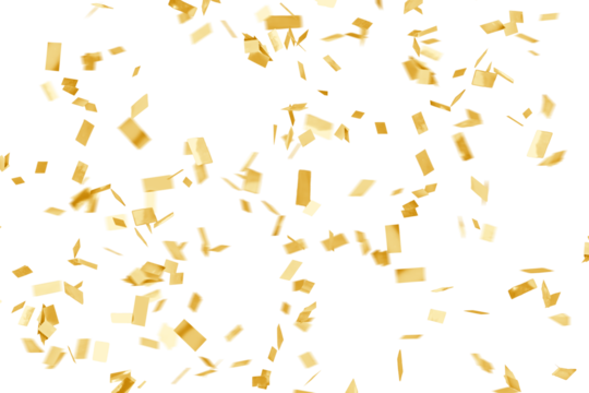 Falling gold confetti background. Realistic golden foil pieces with motion blur. Party decoration overlay, Transparent PNG