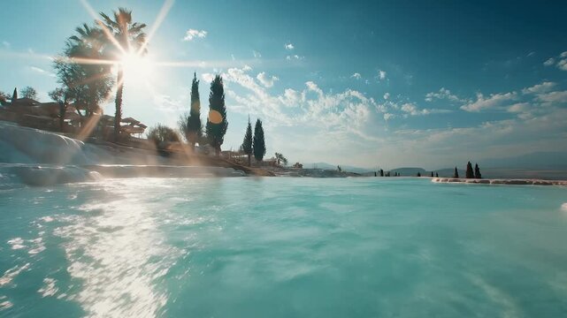A tranquil blue pool glistens in the sunlight, framed by tall palm trees and lush greenery. In the distance, graceful cypress trees stand against a clear blue sky, enhancing the se